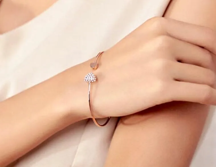 "Vivian" - Delicate Heart Bangle Bracelet - Available in Silver and Rose Gold