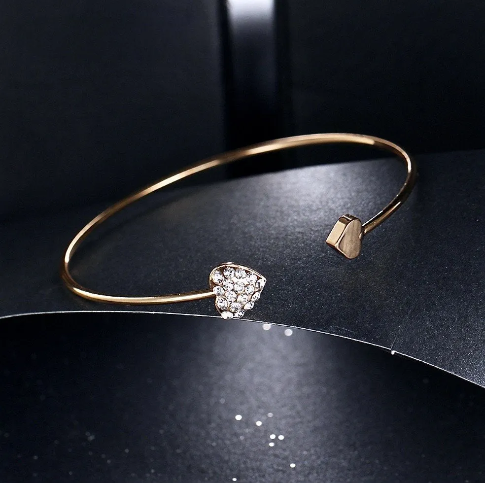 "Vivian" - Delicate Heart Bangle Bracelet - Available in Silver and Rose Gold