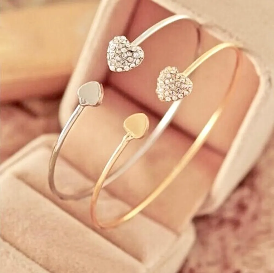 "Vivian" - Delicate Heart Bangle Bracelet - Available in Silver and Rose Gold