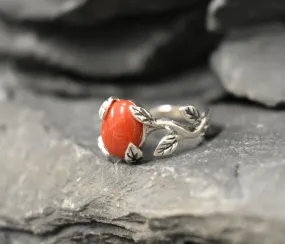 Red Coral Ring - Silver Leaves Ring - Olive Branch Ring