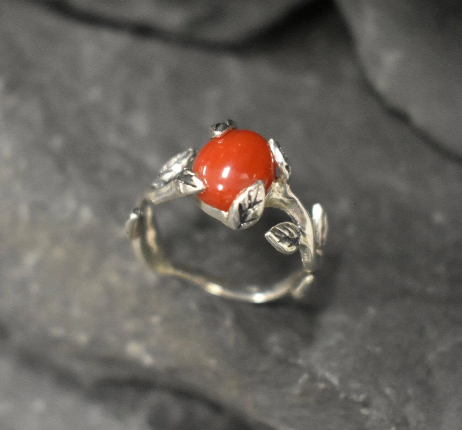 Red Coral Ring - Silver Leaves Ring - Olive Branch Ring