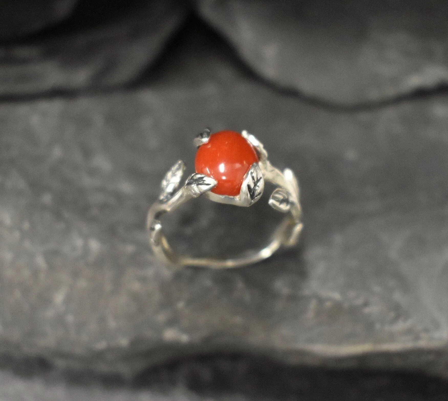 Red Coral Ring - Silver Leaves Ring - Olive Branch Ring