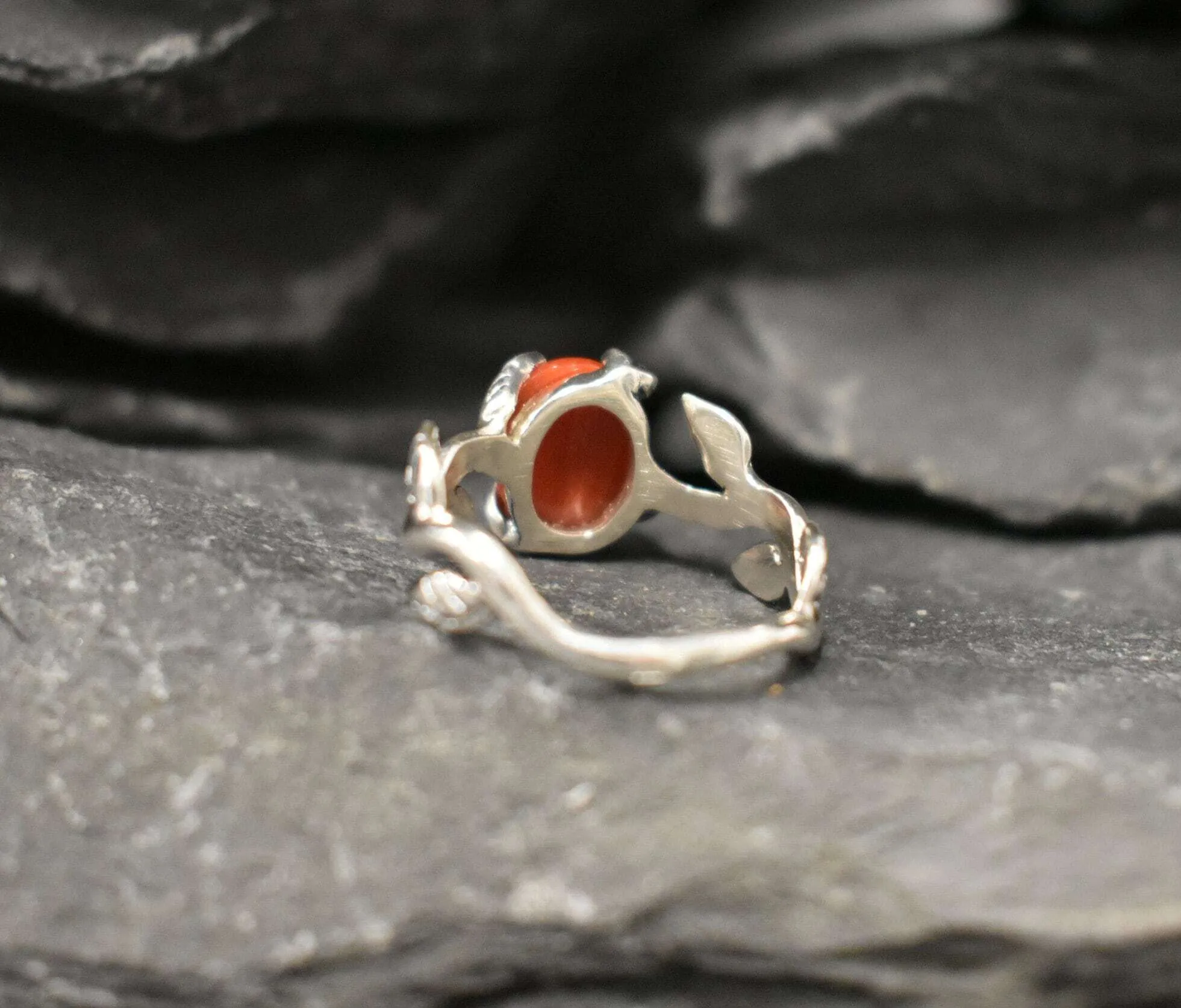 Red Coral Ring - Silver Leaves Ring - Olive Branch Ring