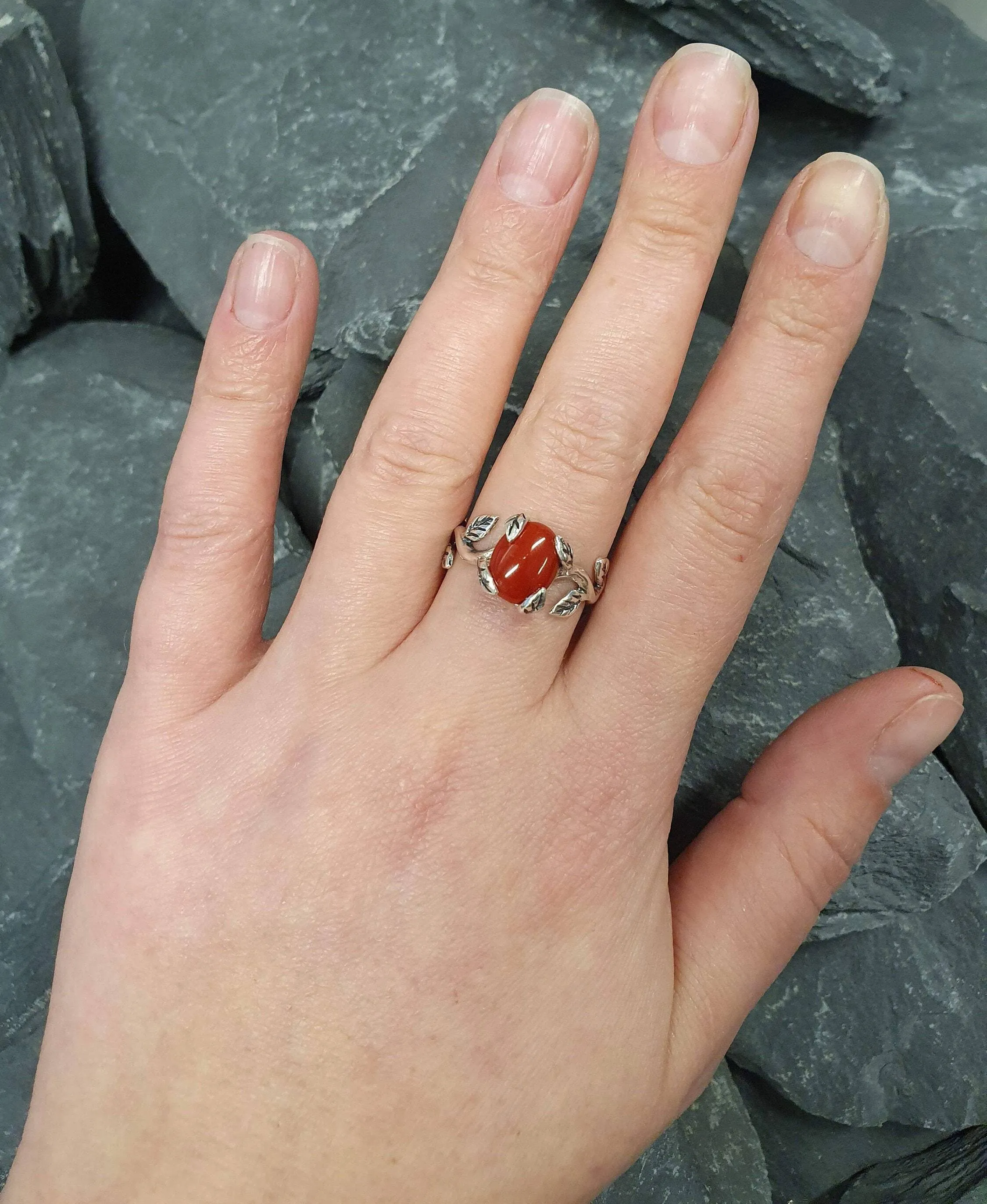 Red Coral Ring - Silver Leaves Ring - Olive Branch Ring