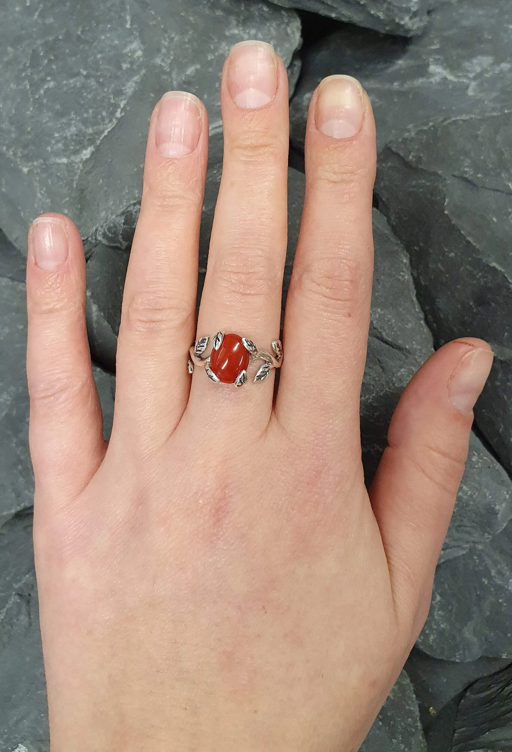 Red Coral Ring - Silver Leaves Ring - Olive Branch Ring