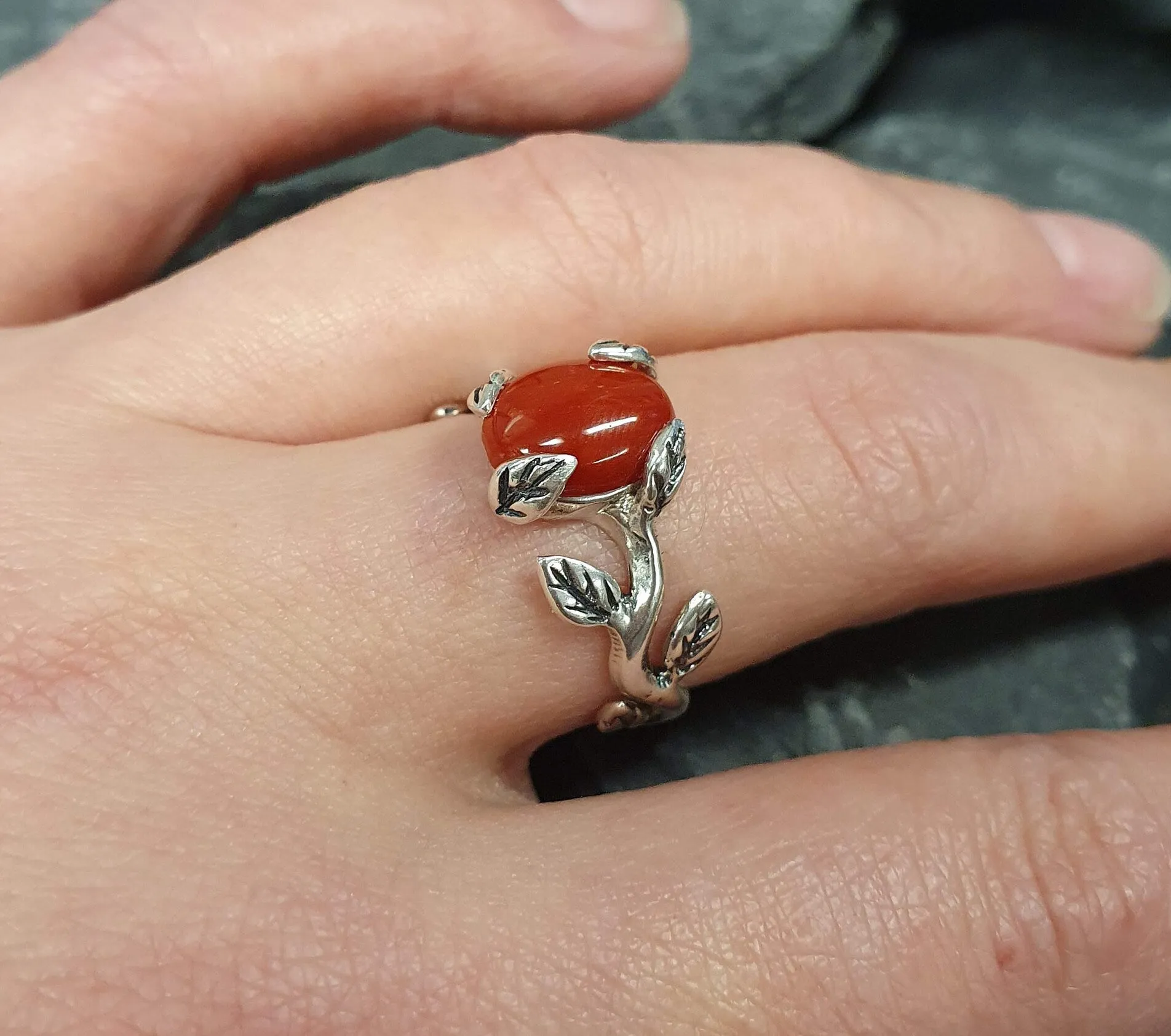 Red Coral Ring - Silver Leaves Ring - Olive Branch Ring