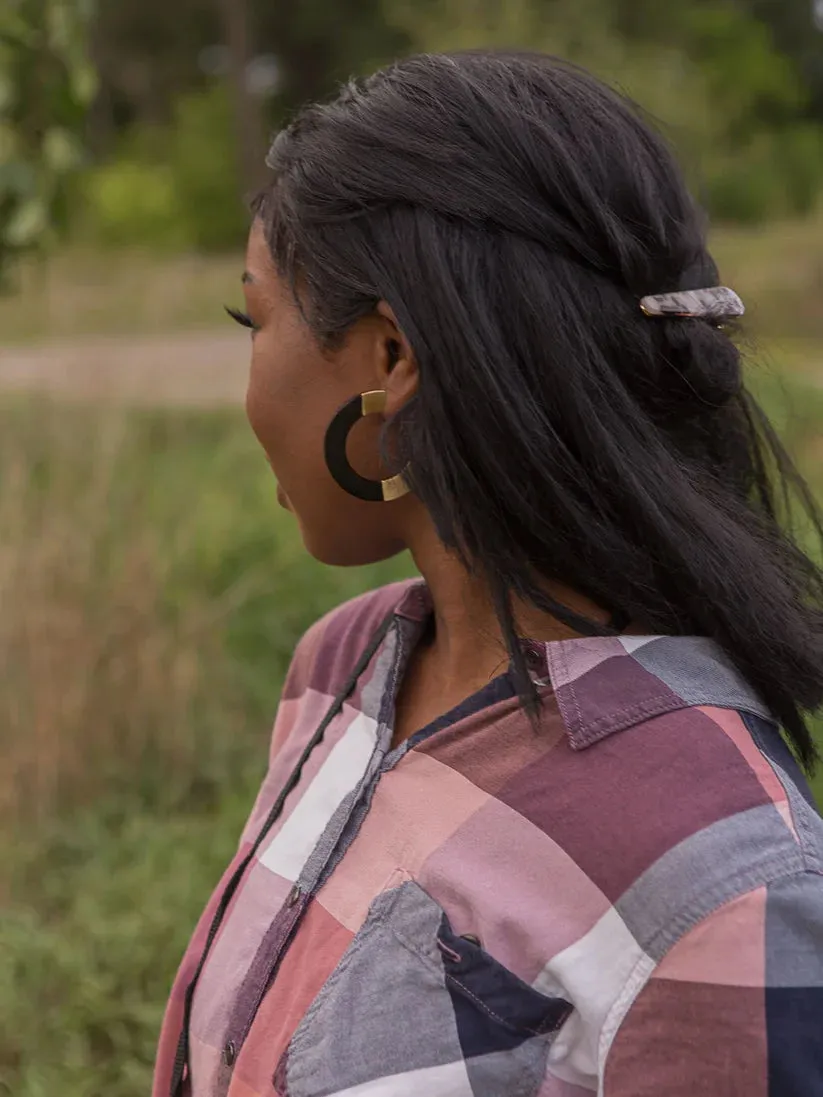 Retro Horn and Brass Blocked Hoops Earrings