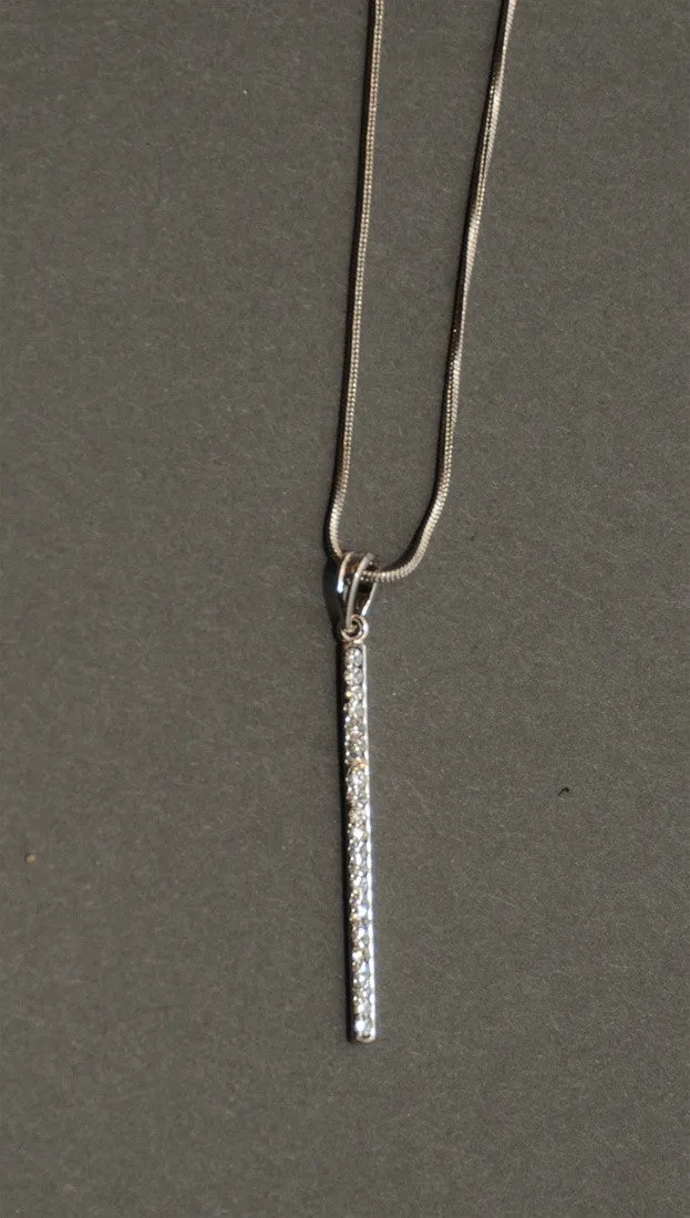 Rhinestone Encrusted Vertical Bar Drop Necklace Silver