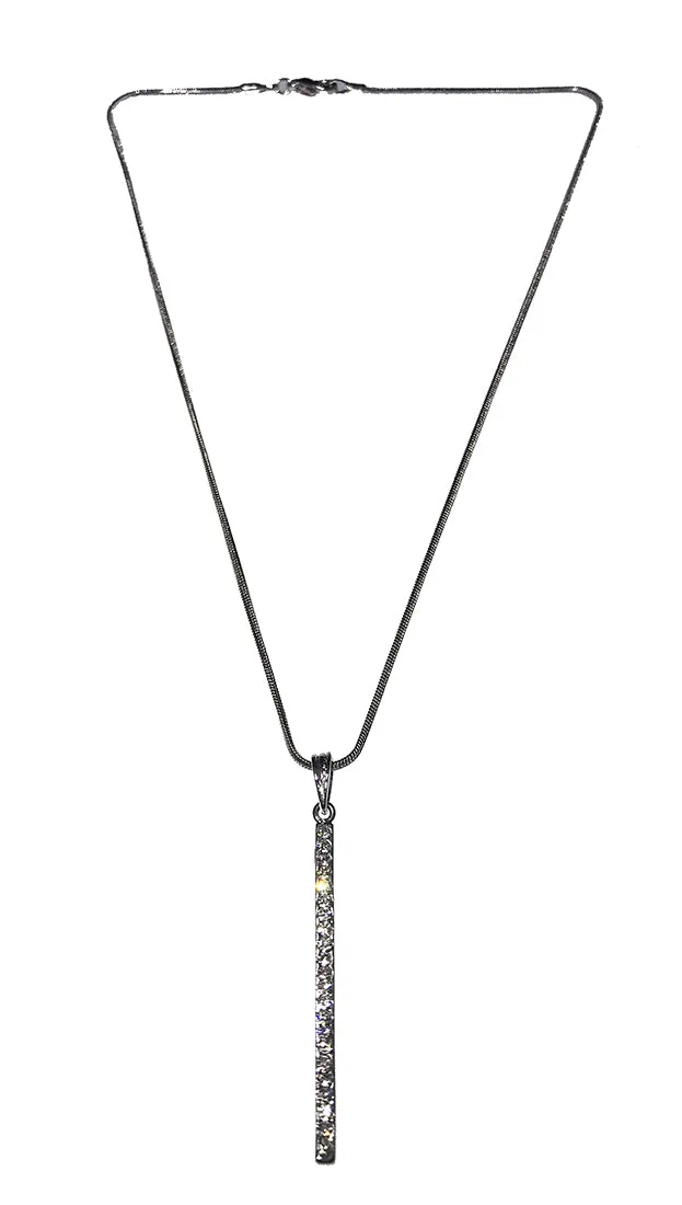 Rhinestone Encrusted Vertical Bar Drop Necklace Silver