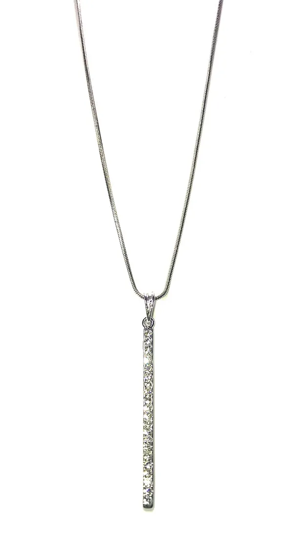 Rhinestone Encrusted Vertical Bar Drop Necklace Silver