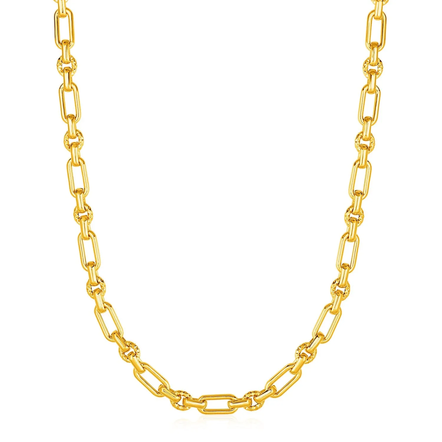 Rounded Rectangular Link Necklace Textured Round Links 14k Yellow Gold