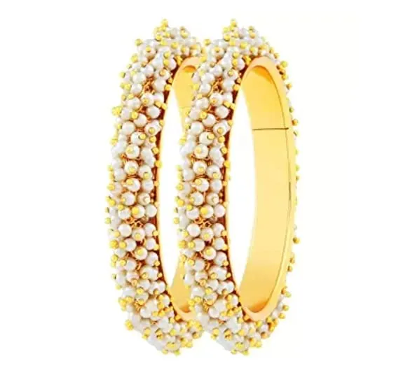 Shree MAULI Creation Off White Pearls Alloy Golden Pearl LAHERIYA Bangle Set of 2 for Women SMCB73