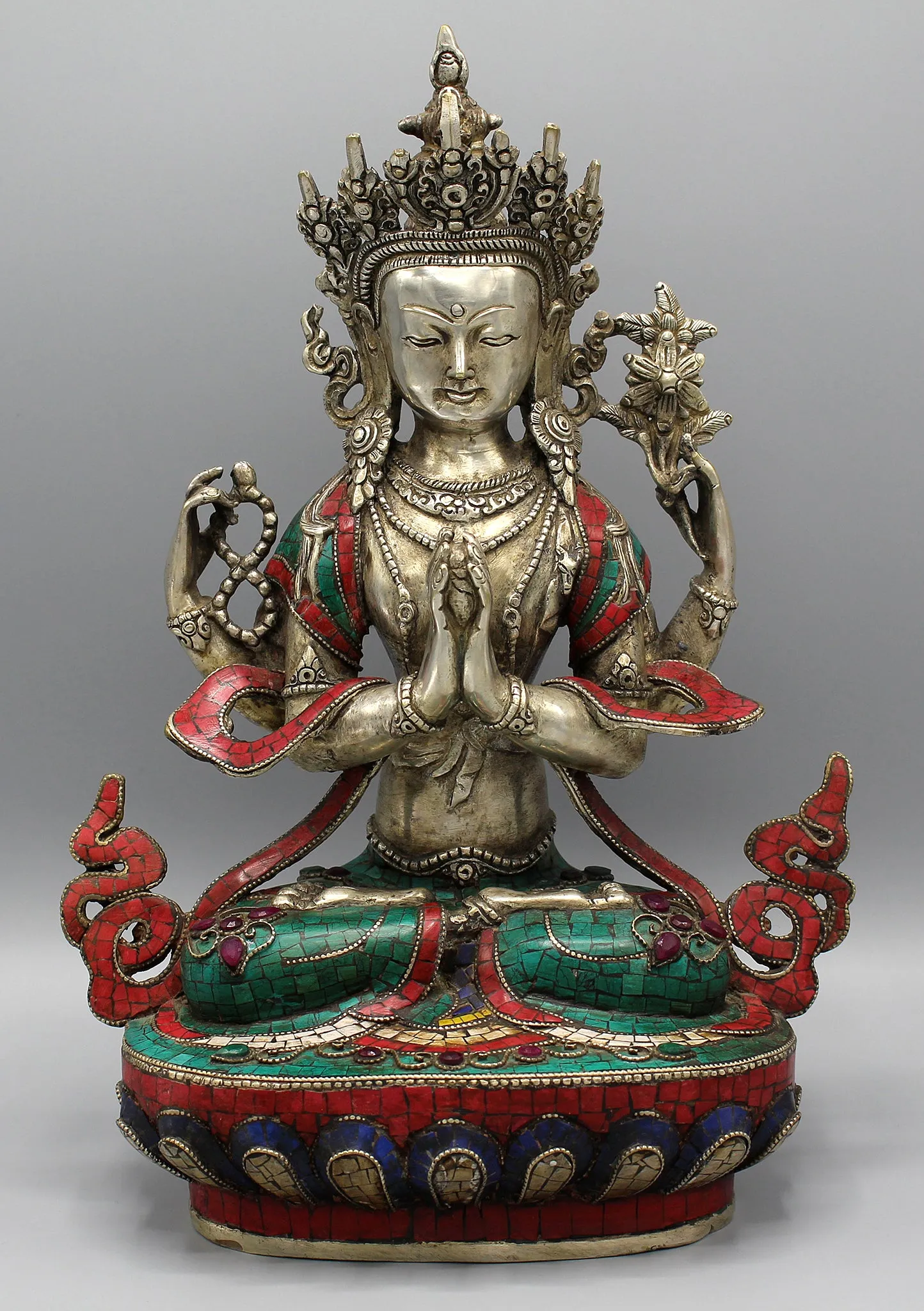 Silver Plated  Stone Inlaid  Four arms Chenrezig Statue
