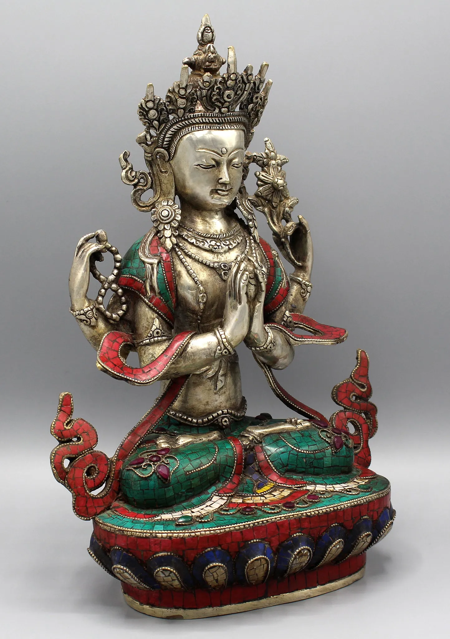 Silver Plated  Stone Inlaid  Four arms Chenrezig Statue