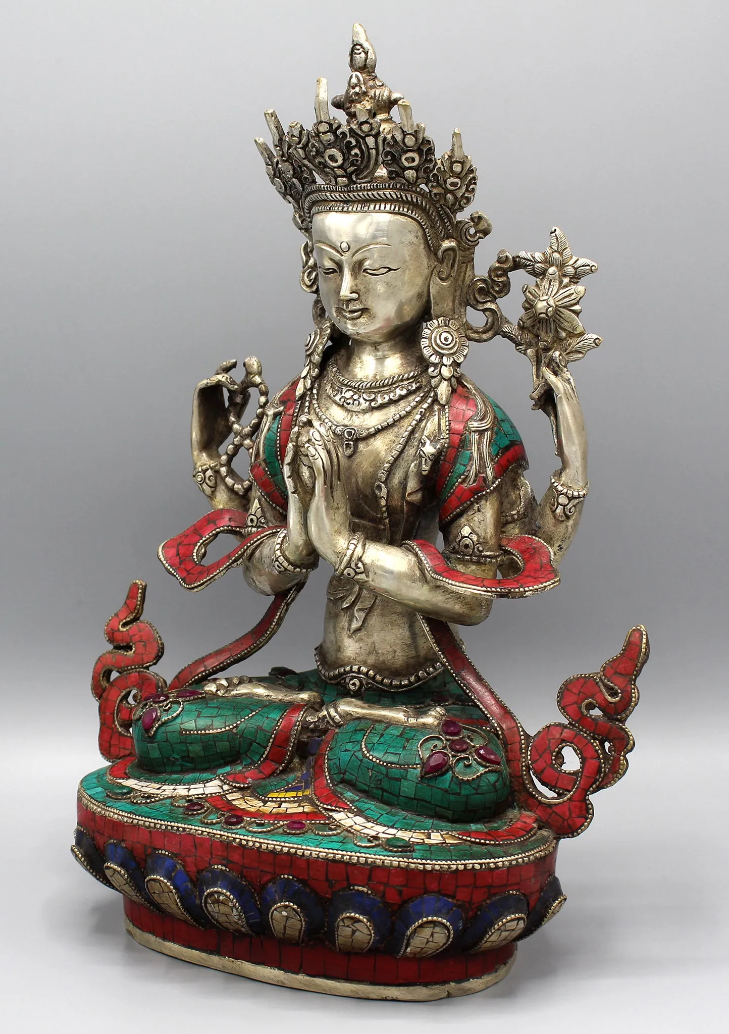 Silver Plated  Stone Inlaid  Four arms Chenrezig Statue