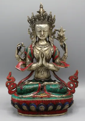 Silver Plated  Stone Inlaid  Four arms Chenrezig Statue