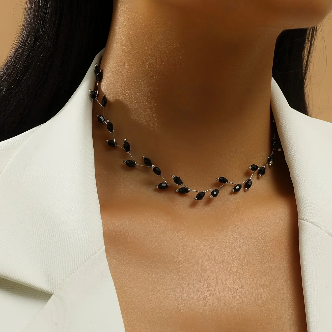 Sleek Black Crystal Beads Choker Necklace for Women