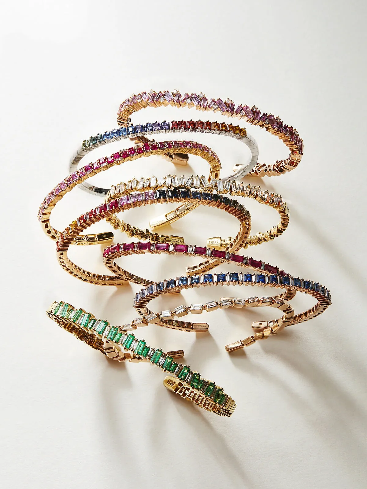 Small Flexible White Diamond Baguette Firework Yellow Gold Bracelet