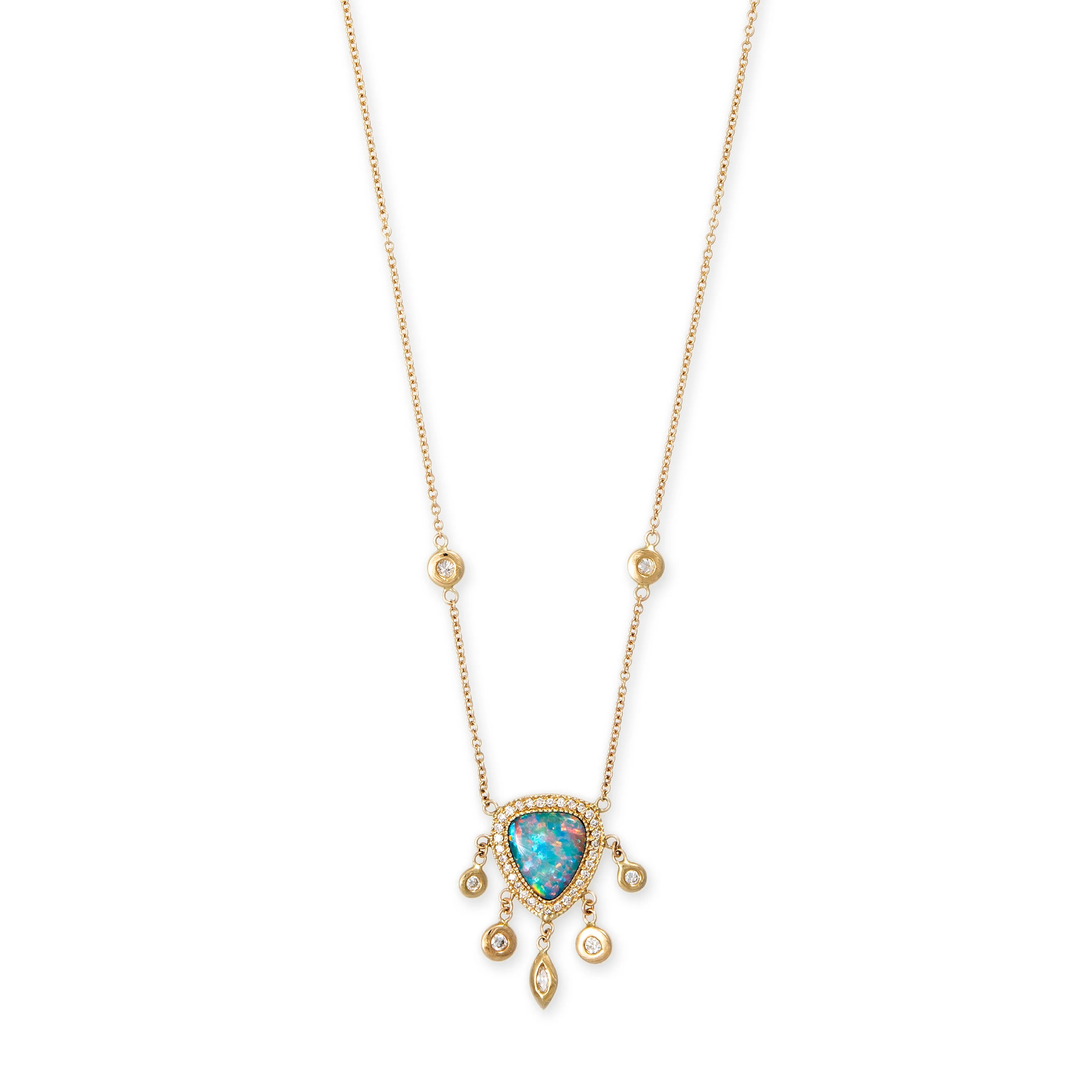 SMALL PAVE OPAL FREEFORM   MARQUISE AND ROUND DIAMOND SHAKER NECKLACE