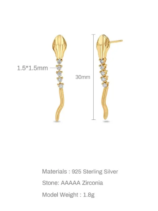 Snake Stud Earrings, 925 Sterling Silver Cubic Zirconia Long Snake Stud Earrings