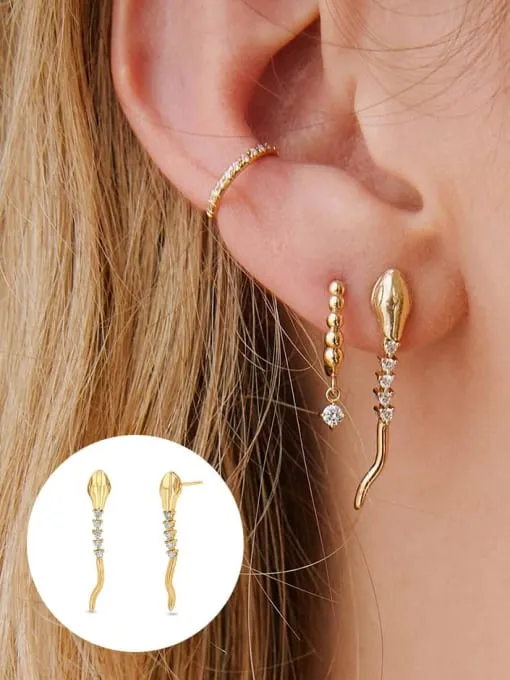 Snake Stud Earrings, 925 Sterling Silver Cubic Zirconia Long Snake Stud Earrings