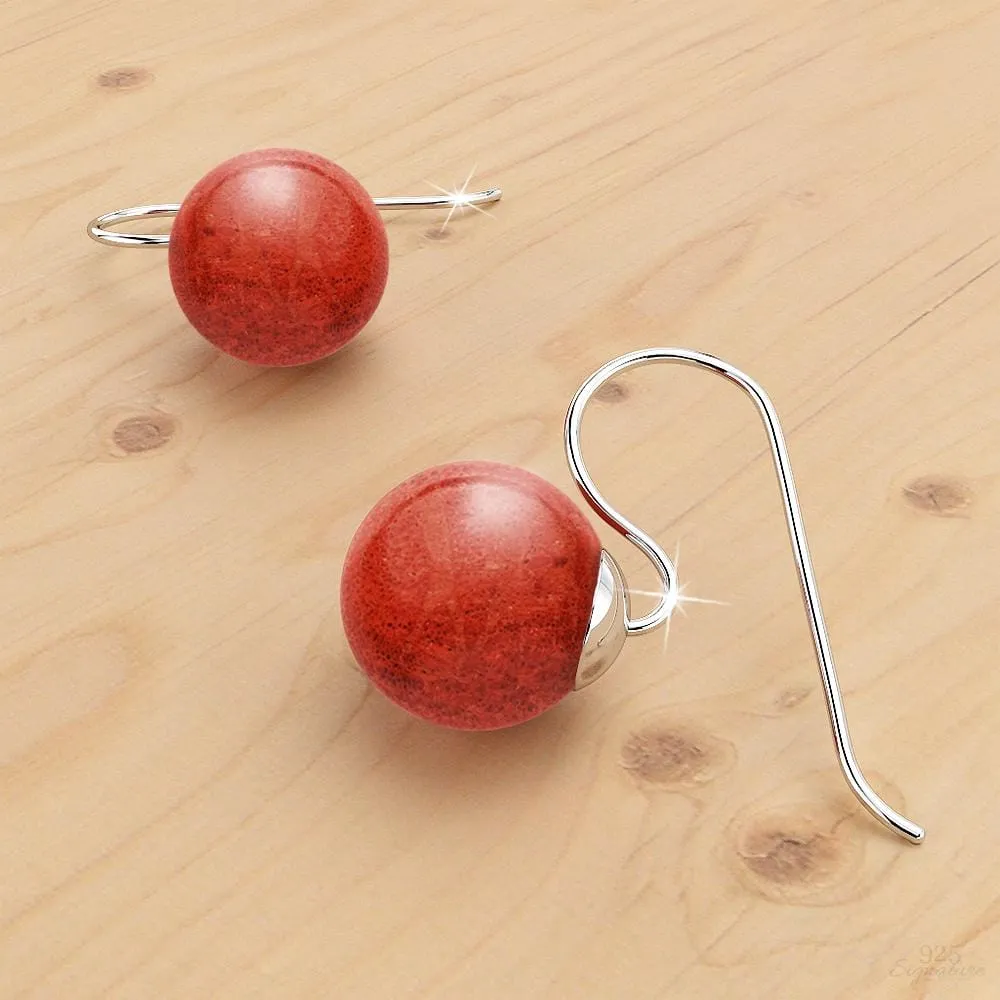 Solid 925 Sterling Silver Red Sponge Coral Earrings