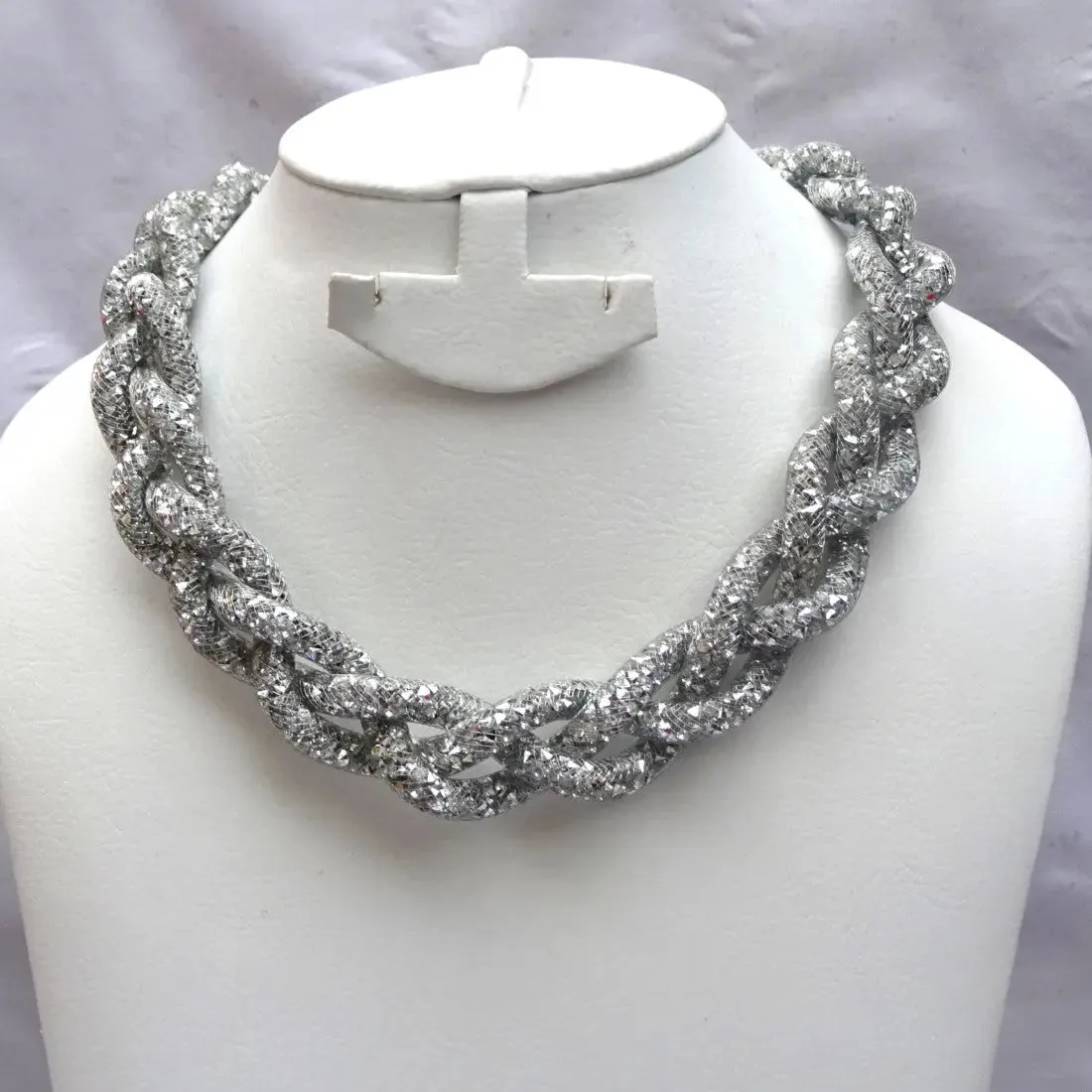 Statement Silver Braided Crysta Swarovski Element Stardust Necklace Choker Magnetic closure