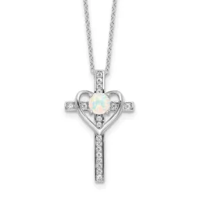 Sterling Silver Created Opal and CZ Cross with Heart Necklace