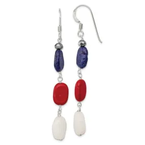 Sterling Silver Red Coral, Crystal, White Jade & Lapis Dangle Earrings