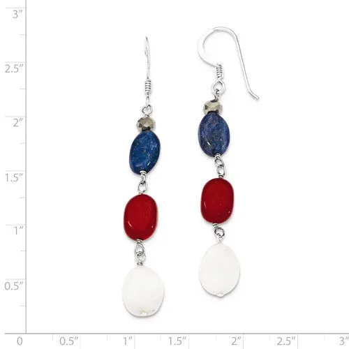 Sterling Silver Red Coral, Crystal, White Jade & Lapis Dangle Earrings