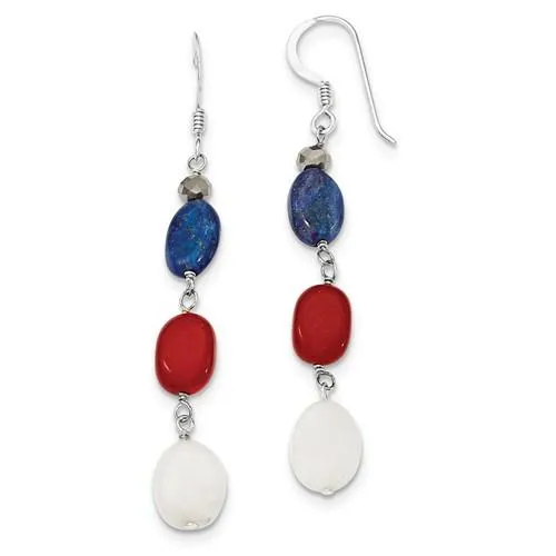 Sterling Silver Red Coral, Crystal, White Jade & Lapis Dangle Earrings