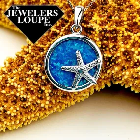 Sterling Silver Round Blue Inlay Created Opal with Small Silver Starfish Pendant (93203)