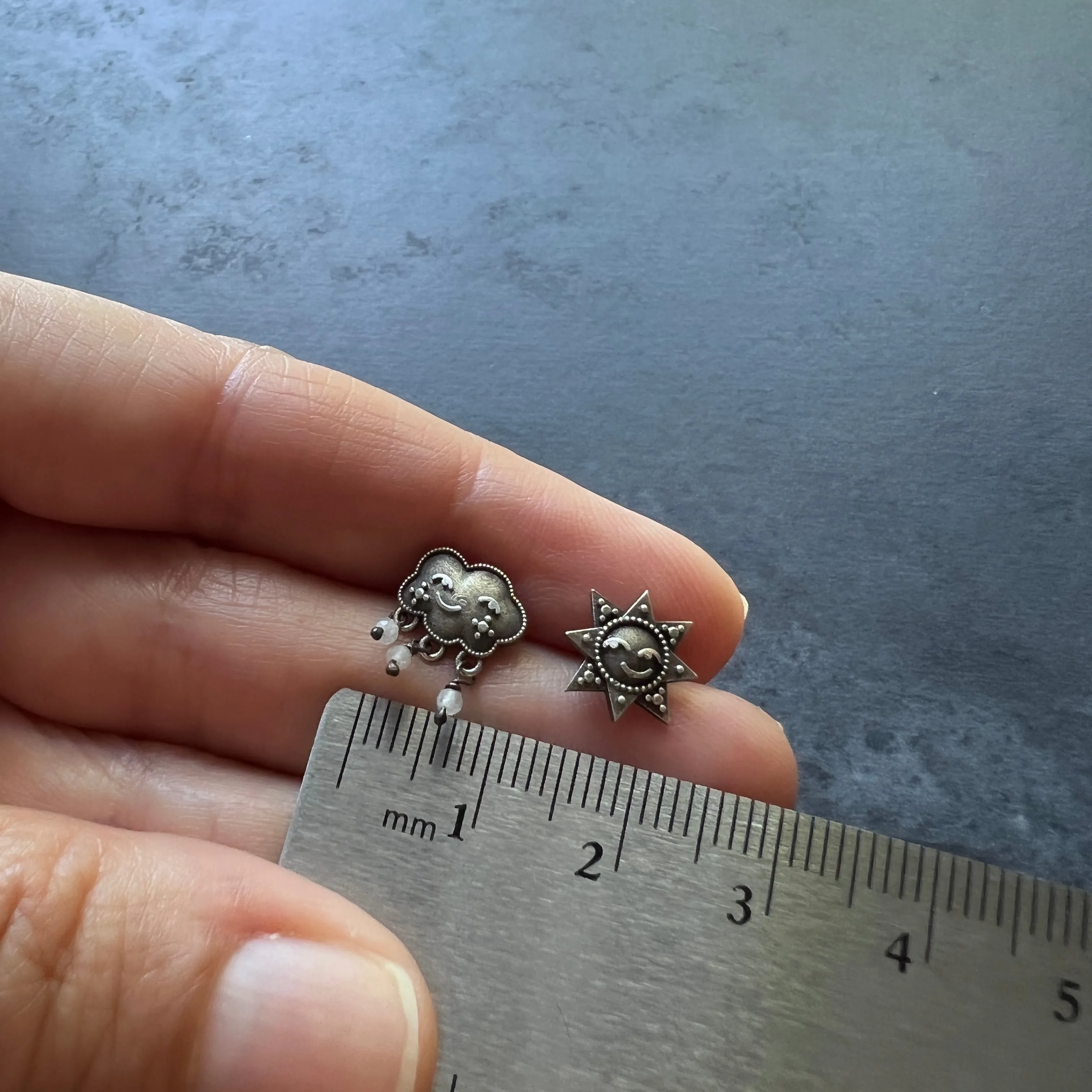 Sterling Silver Sun and Cloud Stud Earrings with Dangling Moonstone Bead Raindrops  — Can Be Personalized with Your Choice of Birthstones