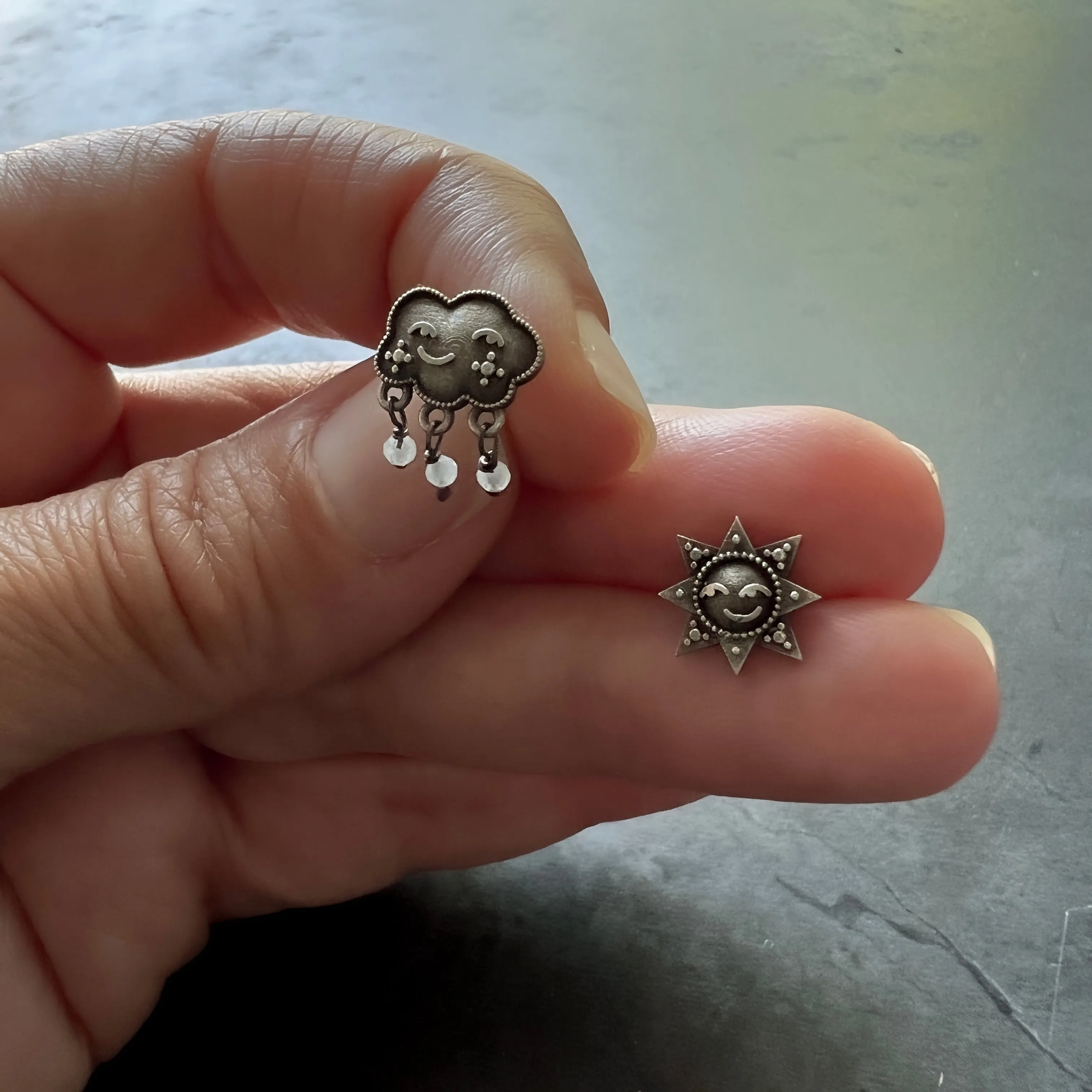 Sterling Silver Sun and Cloud Stud Earrings with Dangling Moonstone Bead Raindrops  — Can Be Personalized with Your Choice of Birthstones