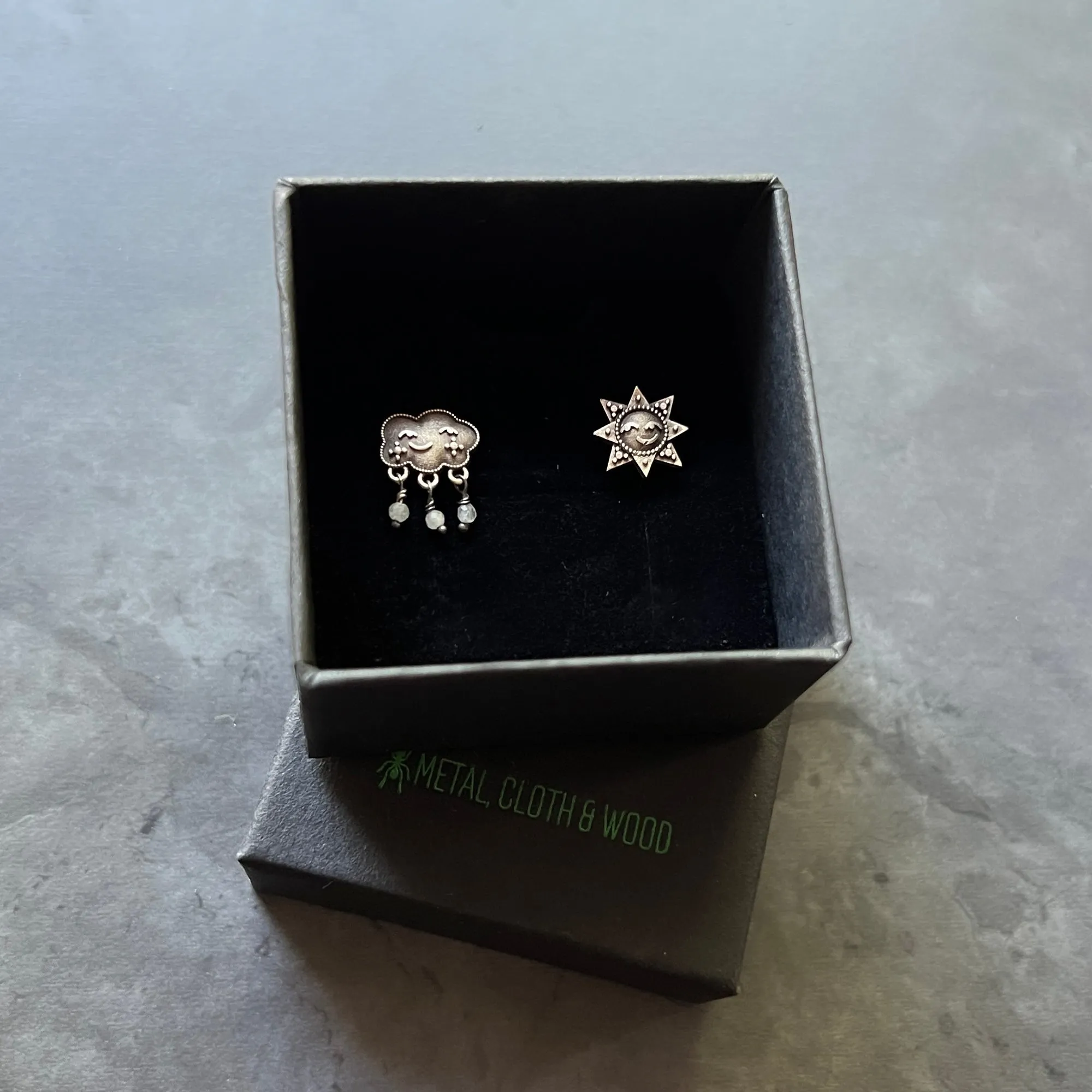 Sterling Silver Sun and Cloud Stud Earrings with Dangling Moonstone Bead Raindrops  — Can Be Personalized with Your Choice of Birthstones