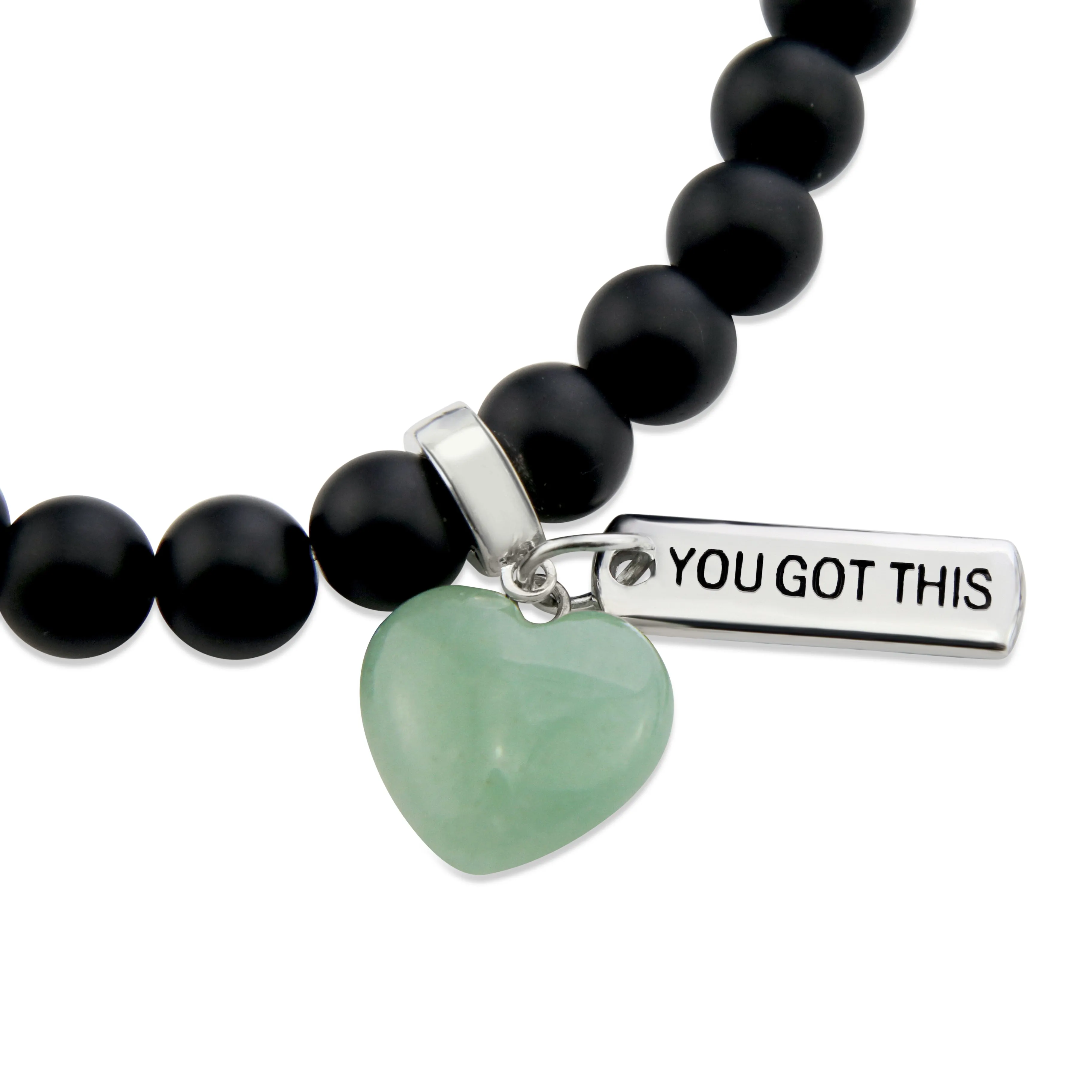 SWEETHEART Bracelet - 8mm MATT BLACK ONYX stone beads with Small GREEN ADVENTURINE Heart & Word Charm