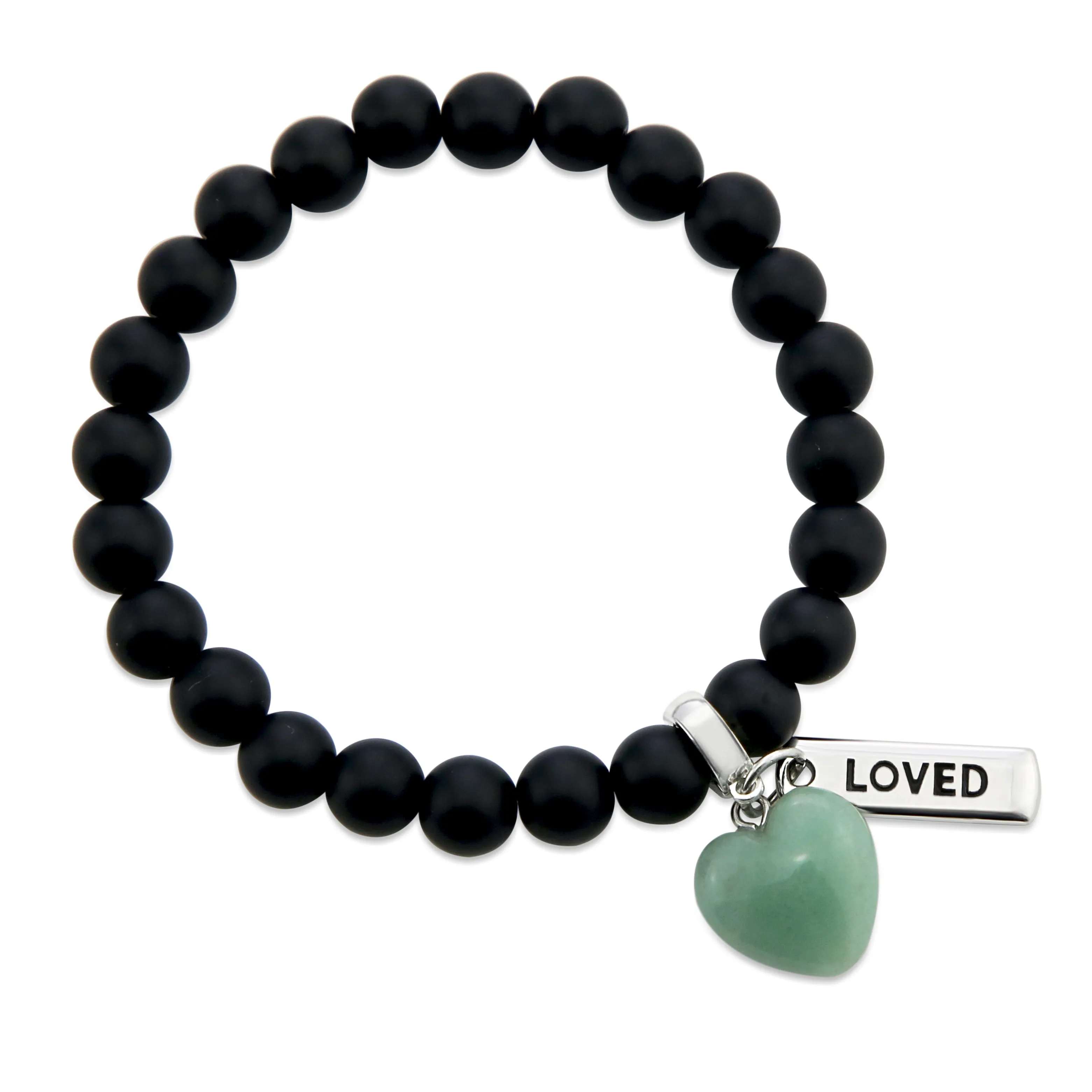 SWEETHEART Bracelet - 8mm MATT BLACK ONYX stone beads with Small GREEN ADVENTURINE Heart & Word Charm