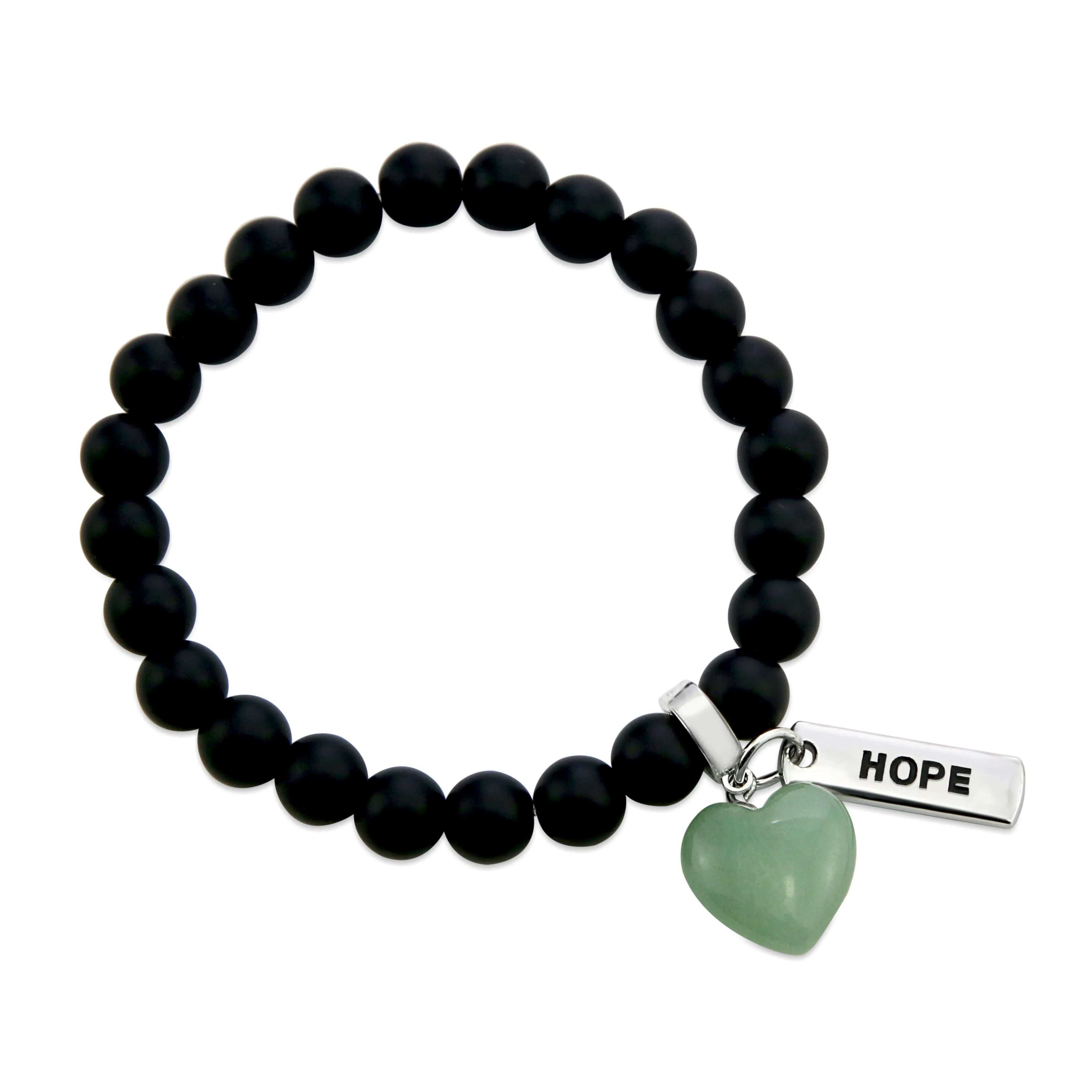 SWEETHEART Bracelet - 8mm MATT BLACK ONYX stone beads with Small GREEN ADVENTURINE Heart & Word Charm