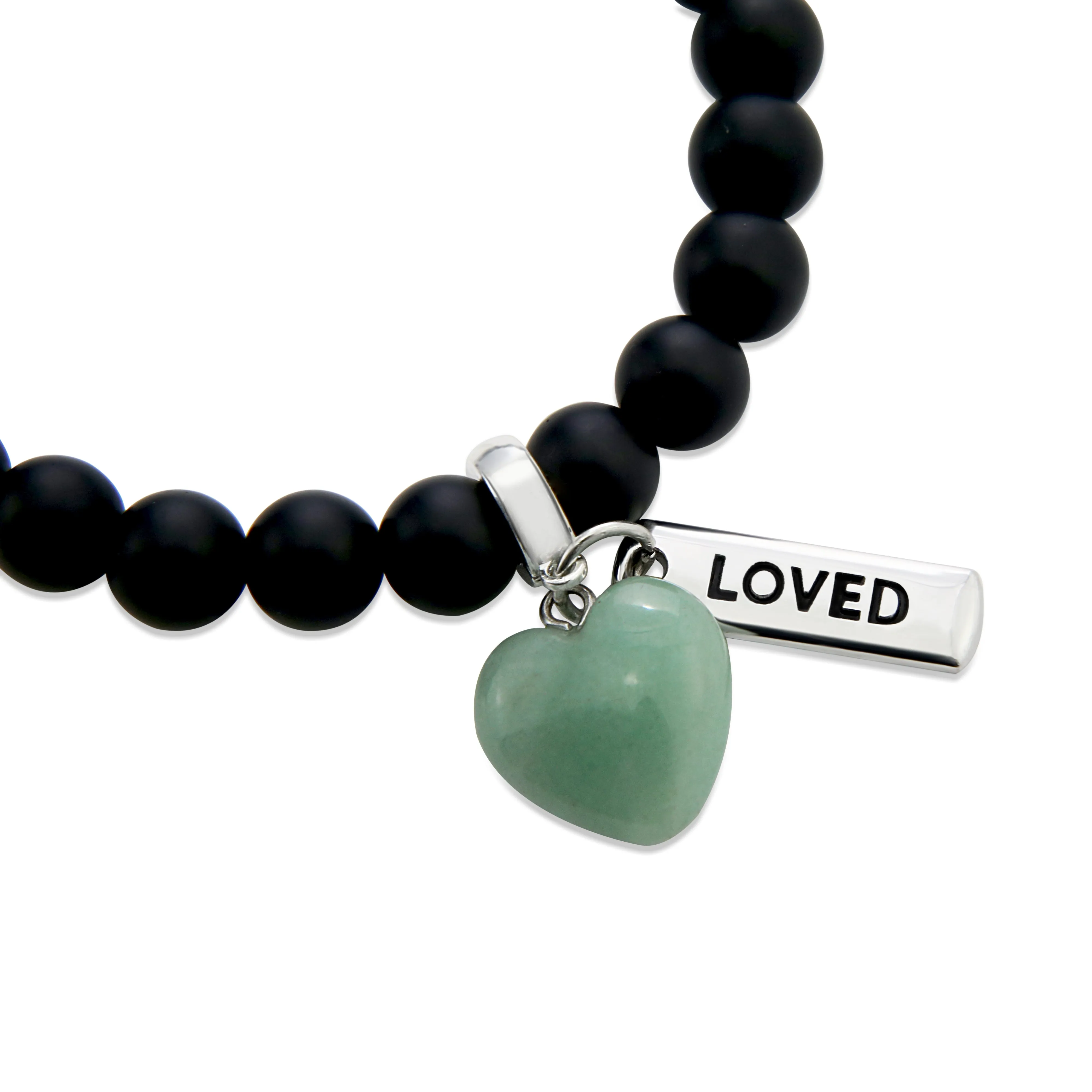 SWEETHEART Bracelet - 8mm MATT BLACK ONYX stone beads with Small GREEN ADVENTURINE Heart & Word Charm