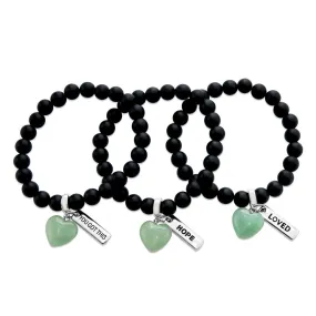 SWEETHEART Bracelet - 8mm MATT BLACK ONYX stone beads with Small GREEN ADVENTURINE Heart & Word Charm