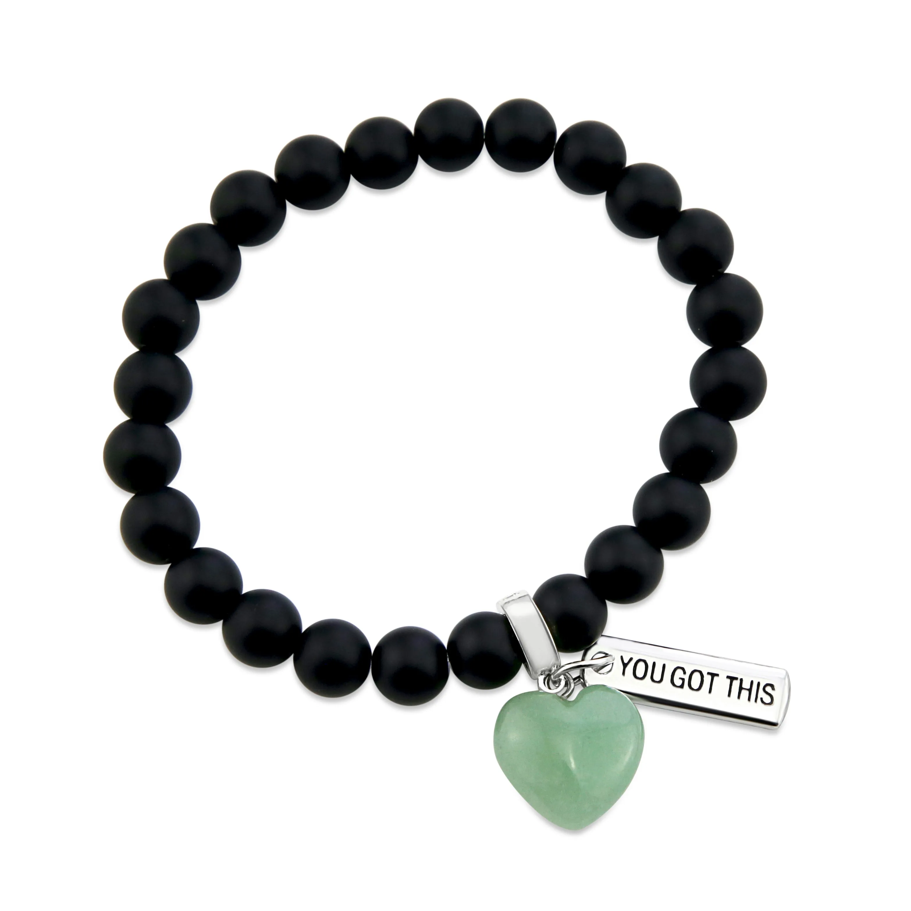 SWEETHEART Bracelet - 8mm MATT BLACK ONYX stone beads with Small GREEN ADVENTURINE Heart & Word Charm