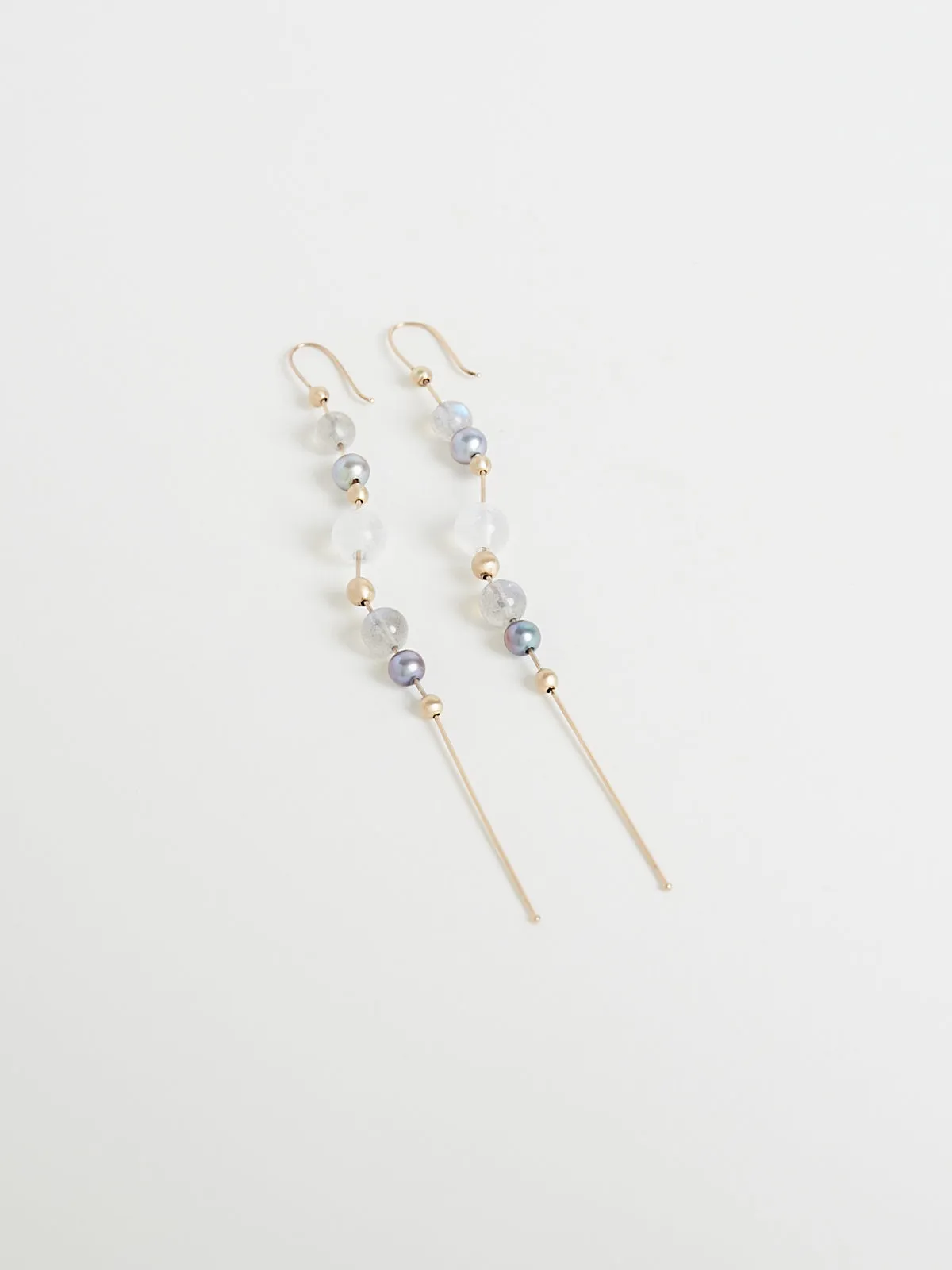 Tahitian Pearl, Labradorite & Grey Moonstone Bead Chain Earrings