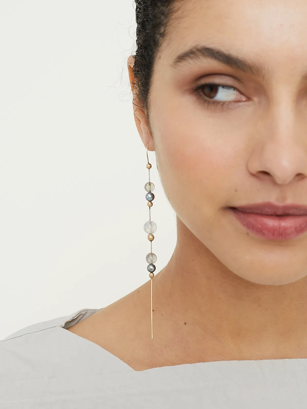 Tahitian Pearl, Labradorite & Grey Moonstone Bead Chain Earrings