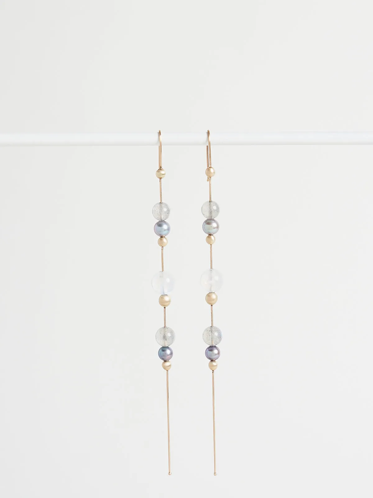 Tahitian Pearl, Labradorite & Grey Moonstone Bead Chain Earrings