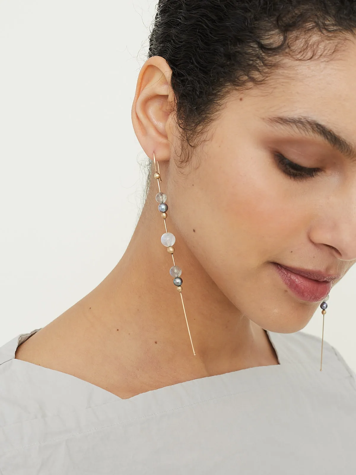 Tahitian Pearl, Labradorite & Grey Moonstone Bead Chain Earrings