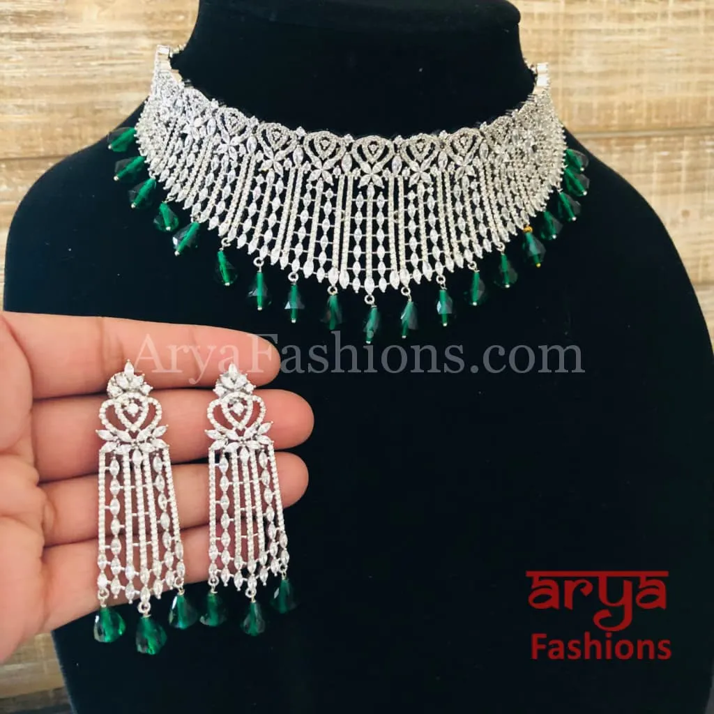 Tara Mint Green CZ Choker/ Silver Cubic Zirconia Emerald Beads Bridal Necklace