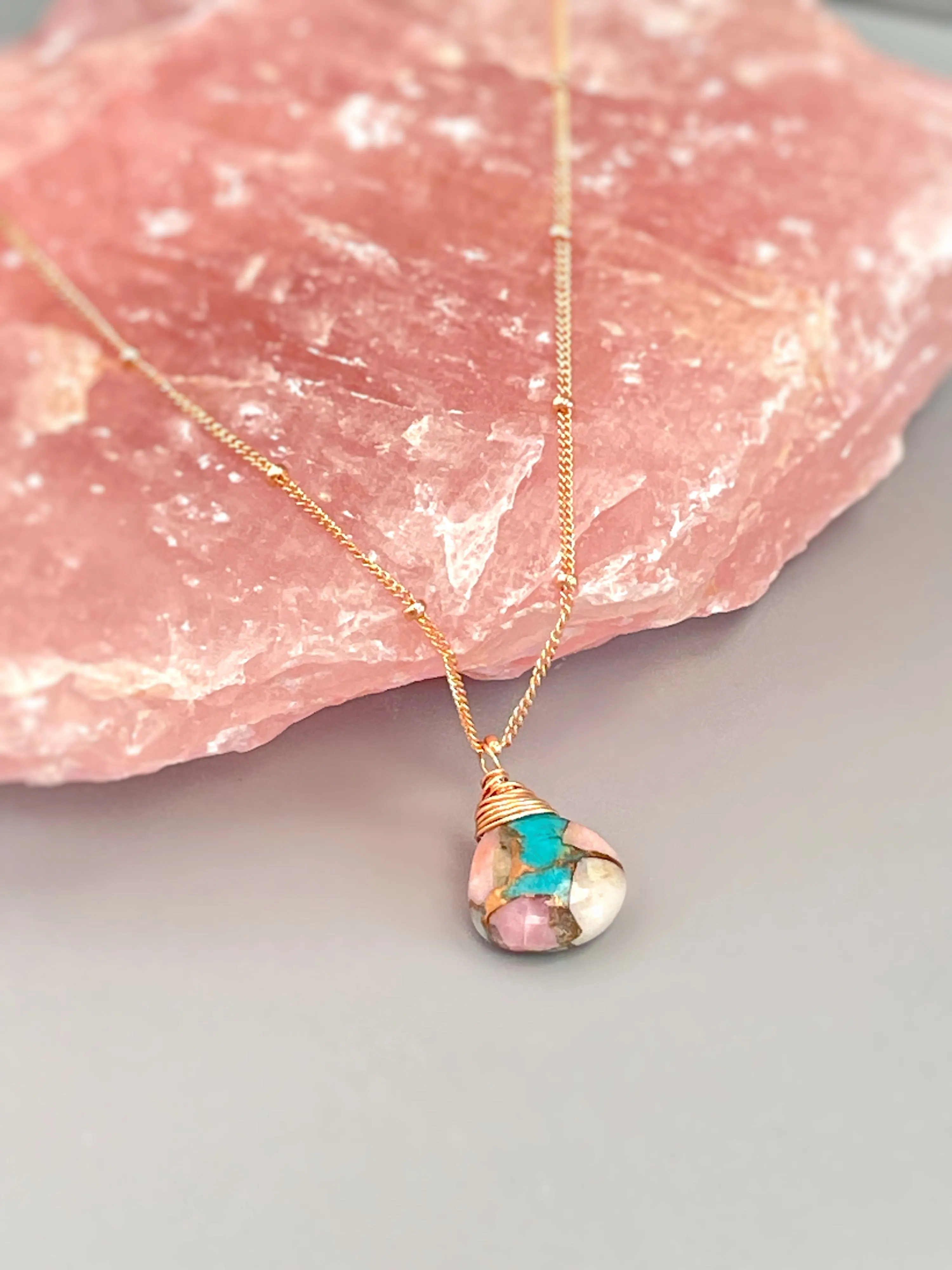 Turquoise and Pink Opal Rose Gold Necklace