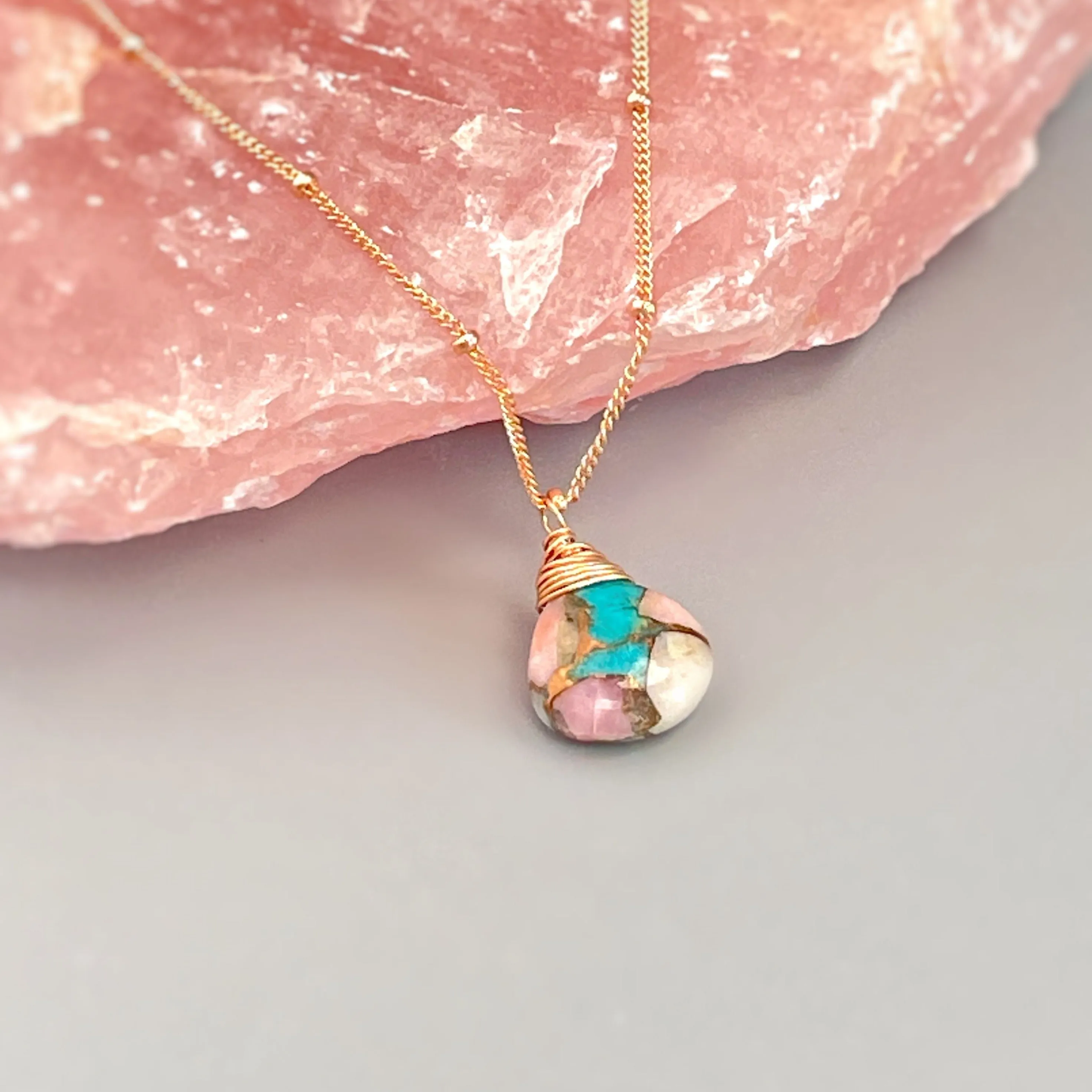 Turquoise and Pink Opal Rose Gold Necklace