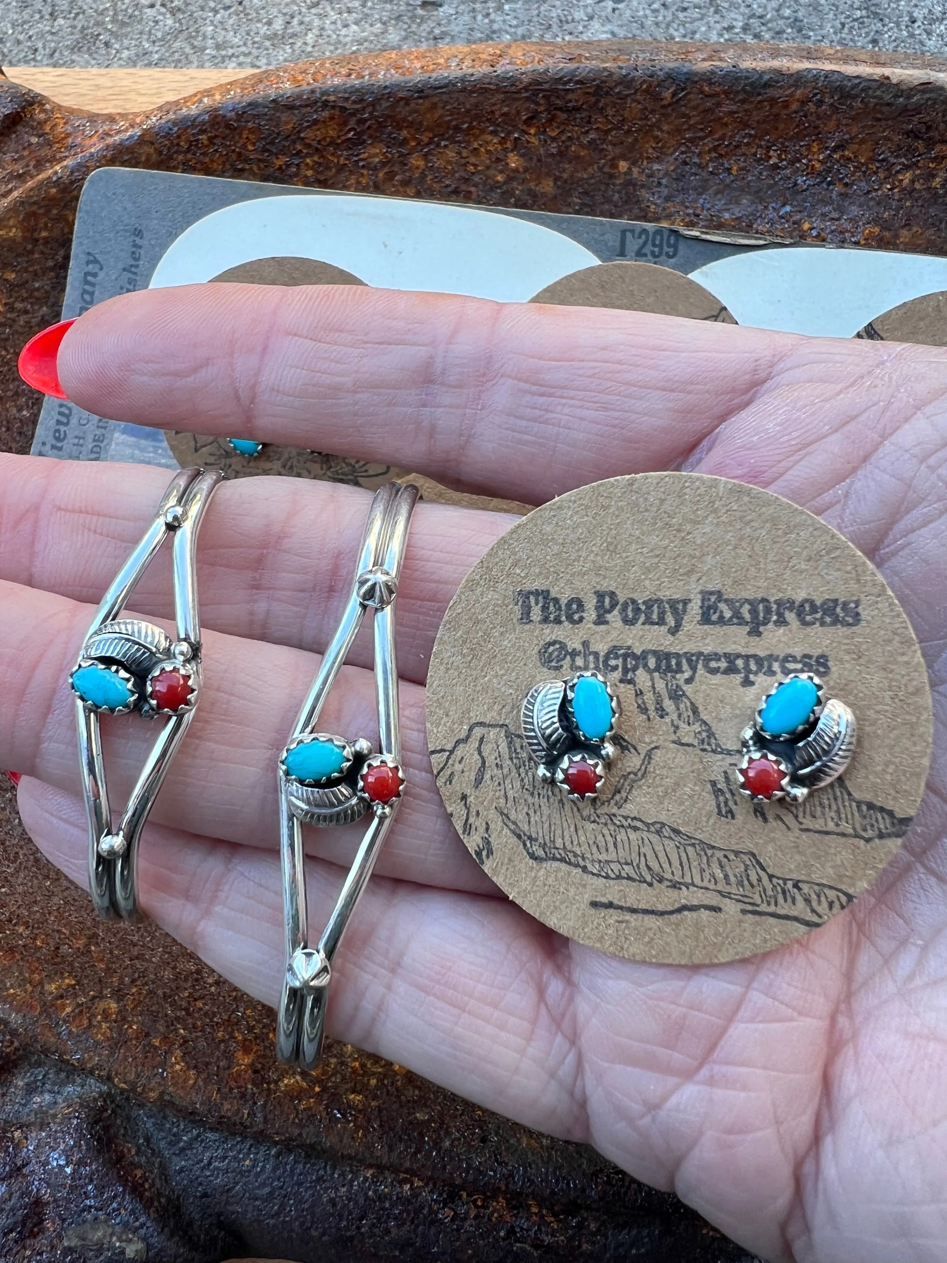 Turquoise Coral Cuff with matching studs for mommy & me