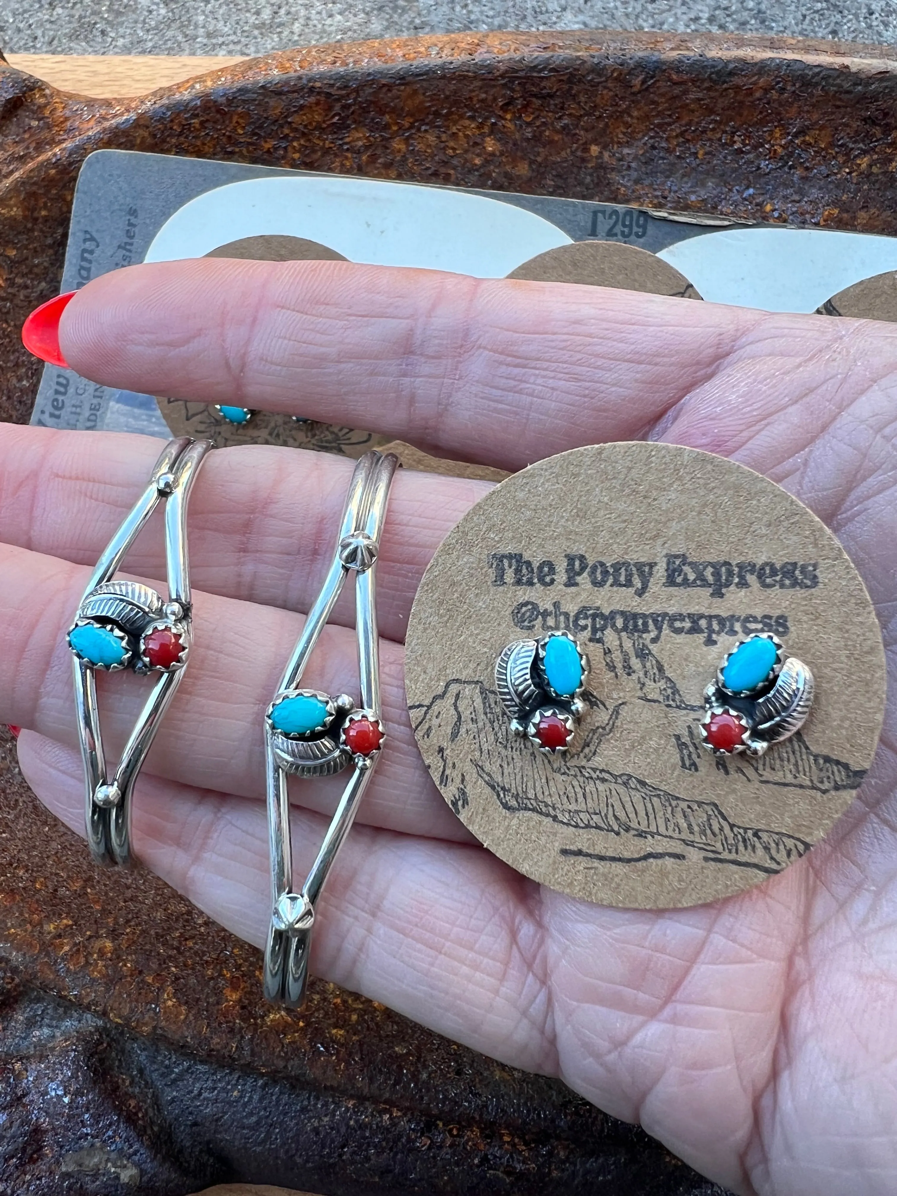 Turquoise Coral Cuff with matching studs for mommy & me